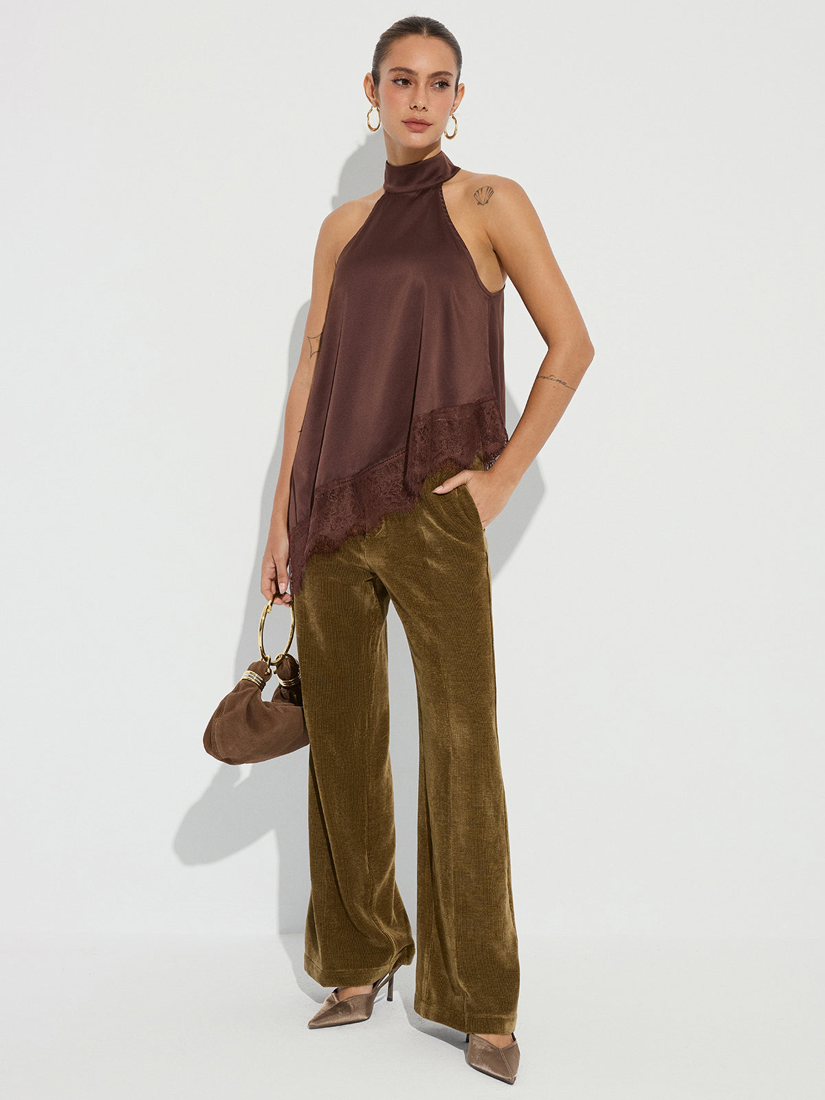 Asymmetric Lace Hem Satin Halter Top
