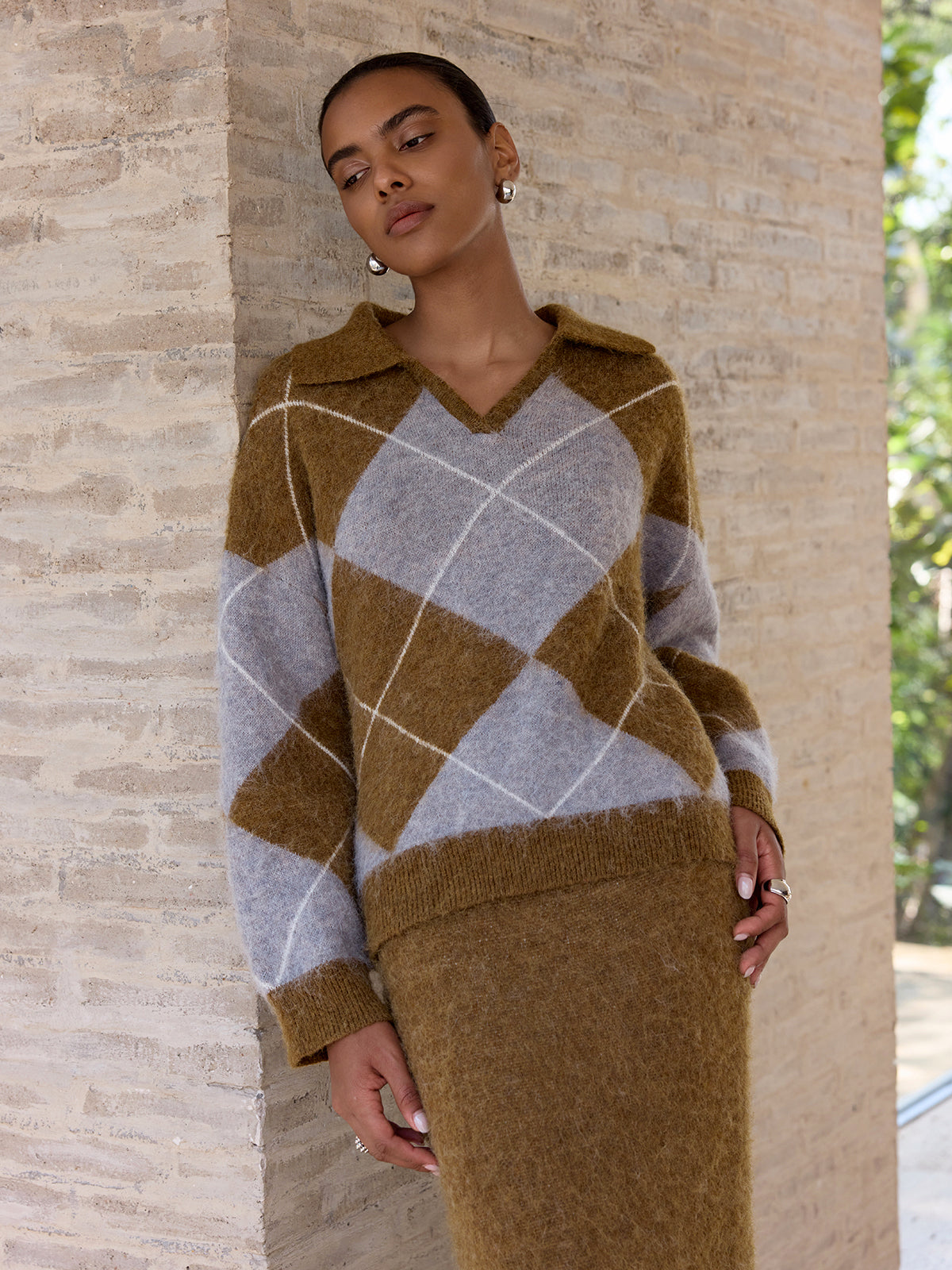 Argyle Wool-Blend Sweater & Maxi Skirt Set