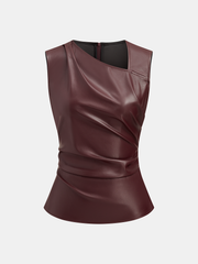 Asymmetric Neckline Ruched Faux Leather Top