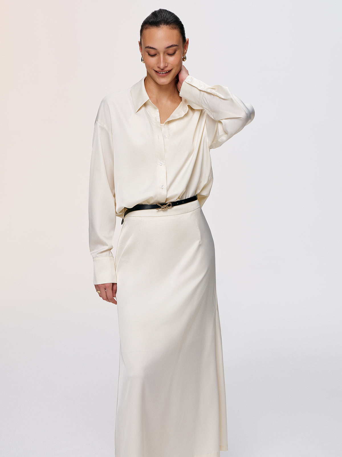 3-Piece Tank Top Satin Shirt Midi Skirt Set