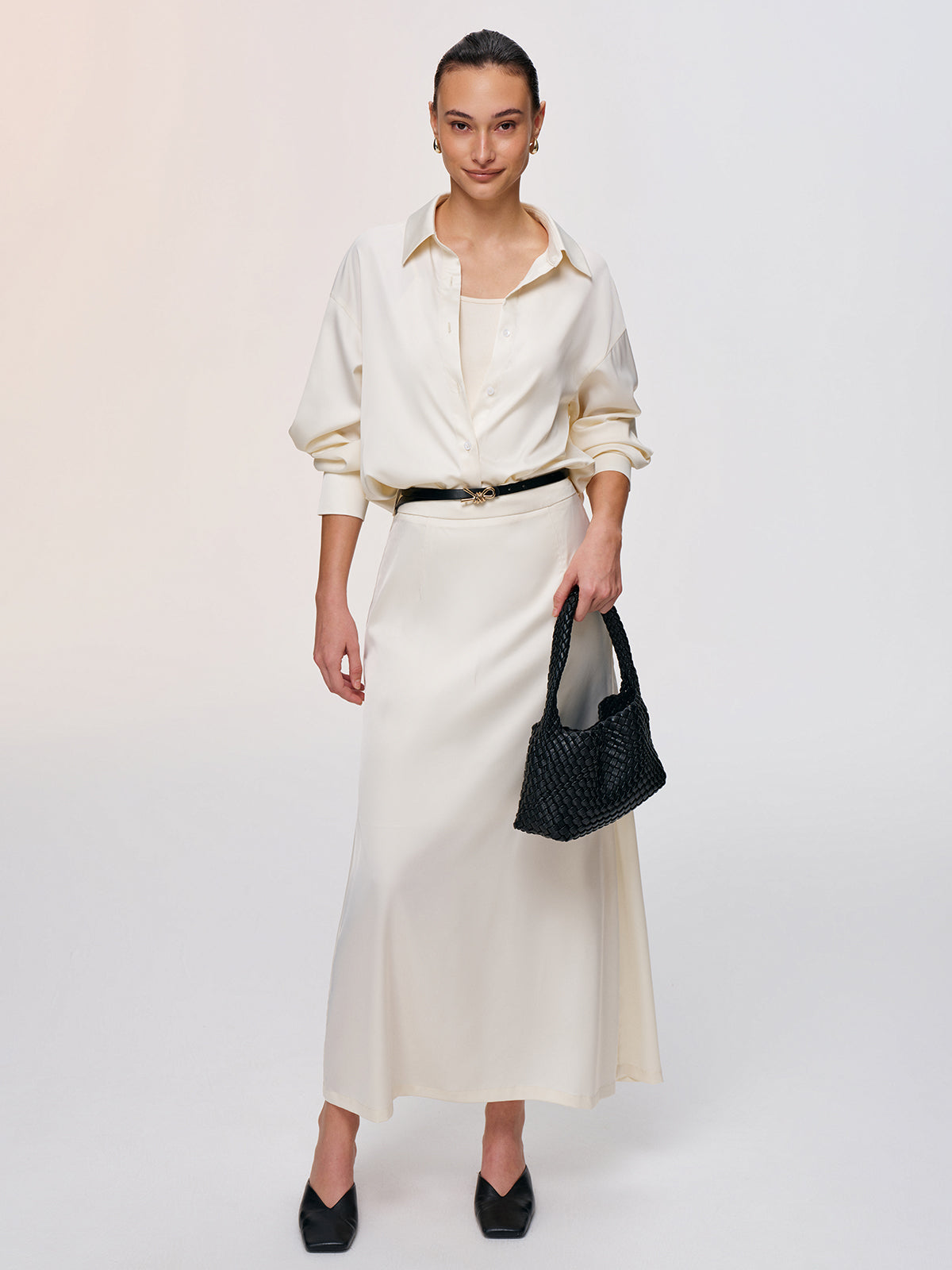 3-Piece Tank Top Satin Shirt Midi Skirt Set