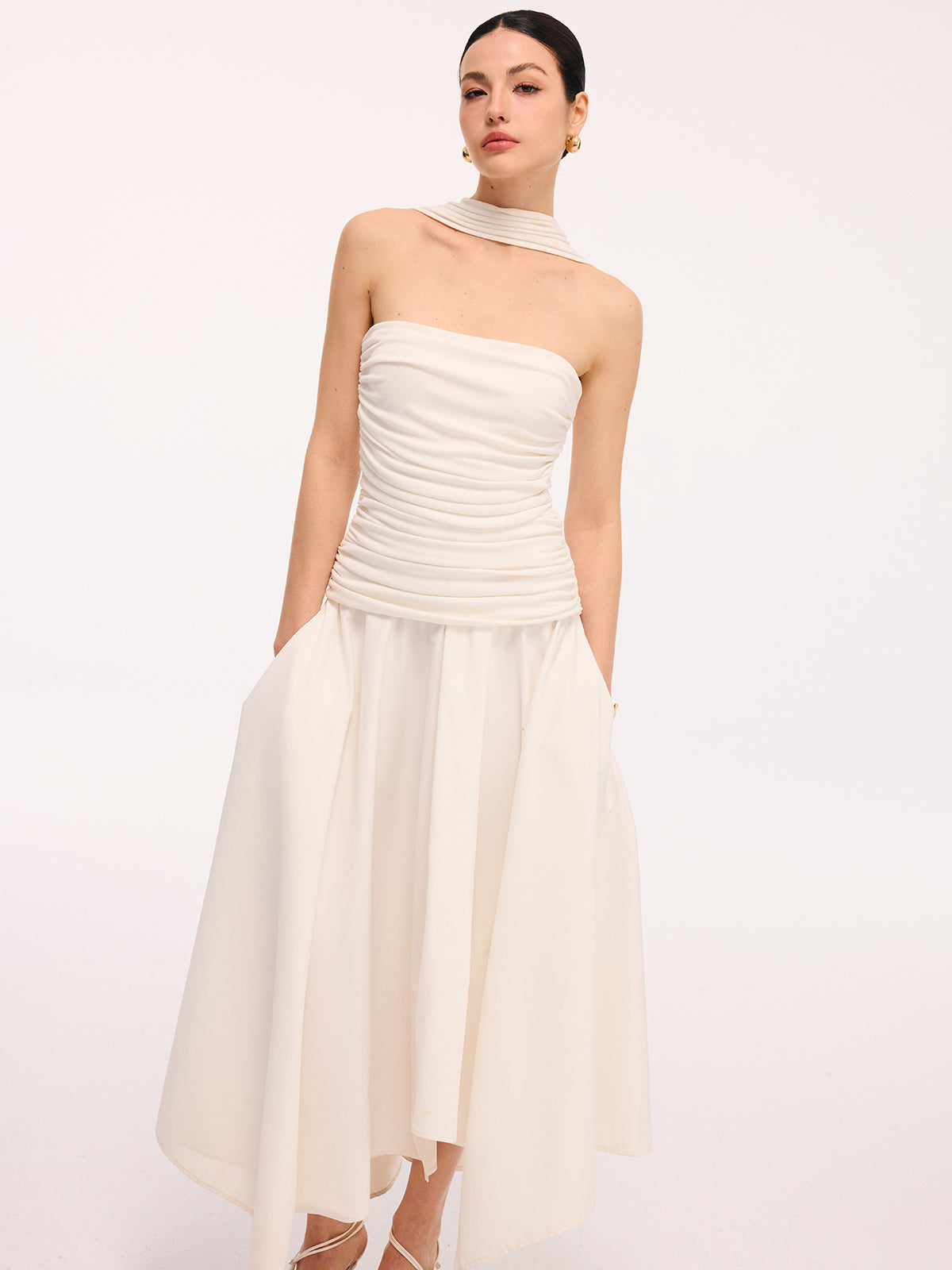 Asymmetrical Hem Ruched Halter Midi Dress