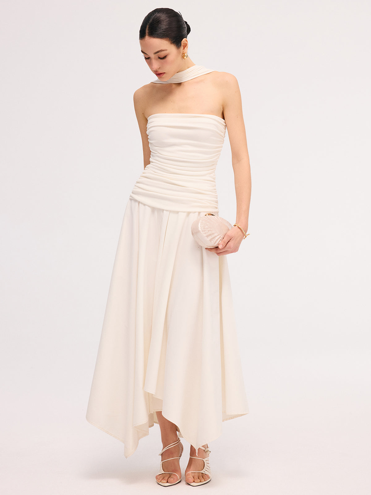 Asymmetrical Hem Ruched Halter Midi Dress