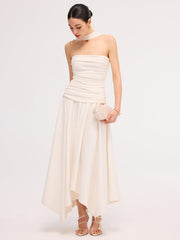 Asymmetrical Hem Ruched Halter Midi Dress