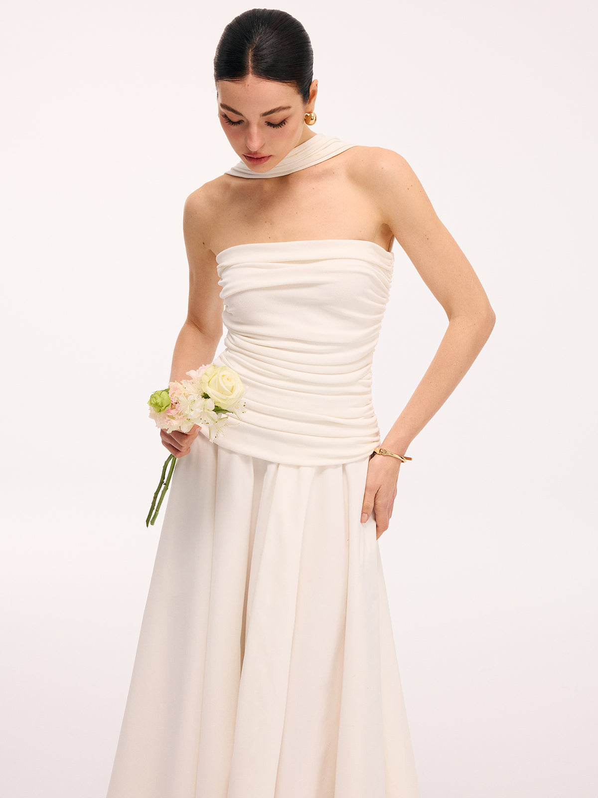 Asymmetrical Hem Ruched Halter Midi Dress