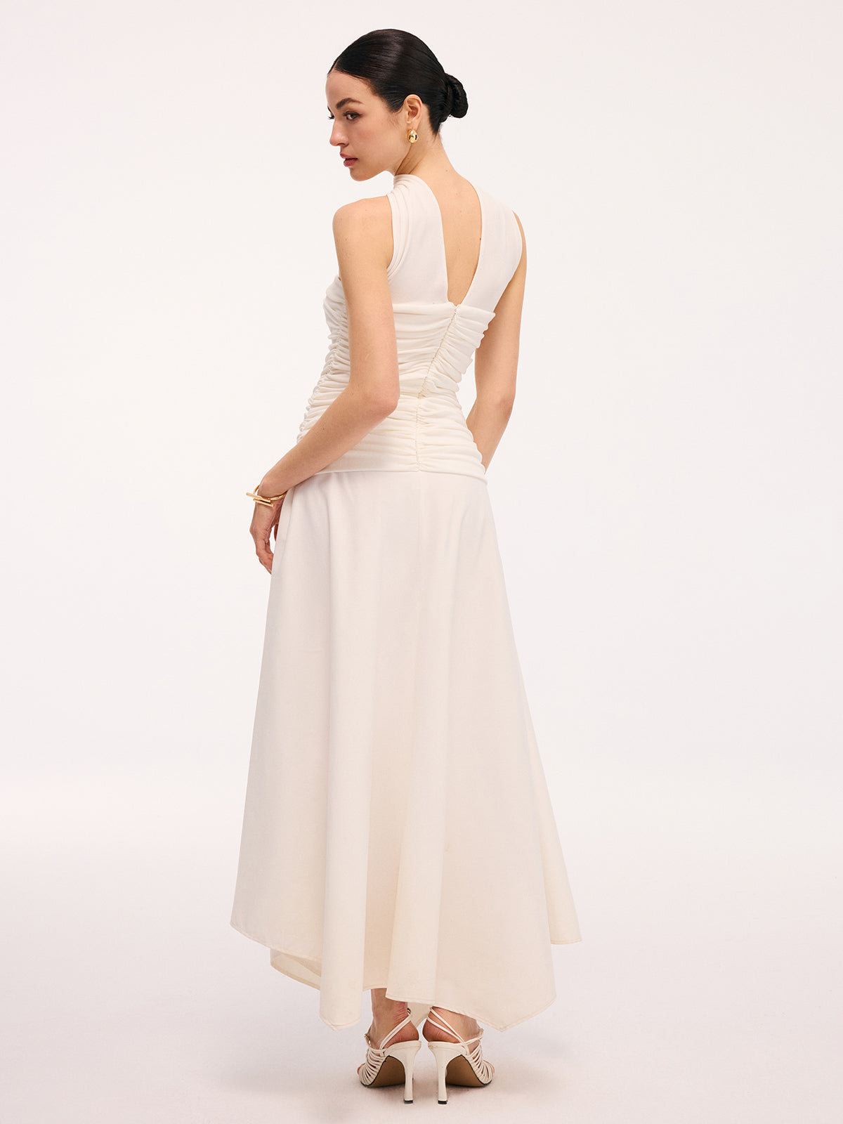 Asymmetrical Hem Ruched Halter Midi Dress