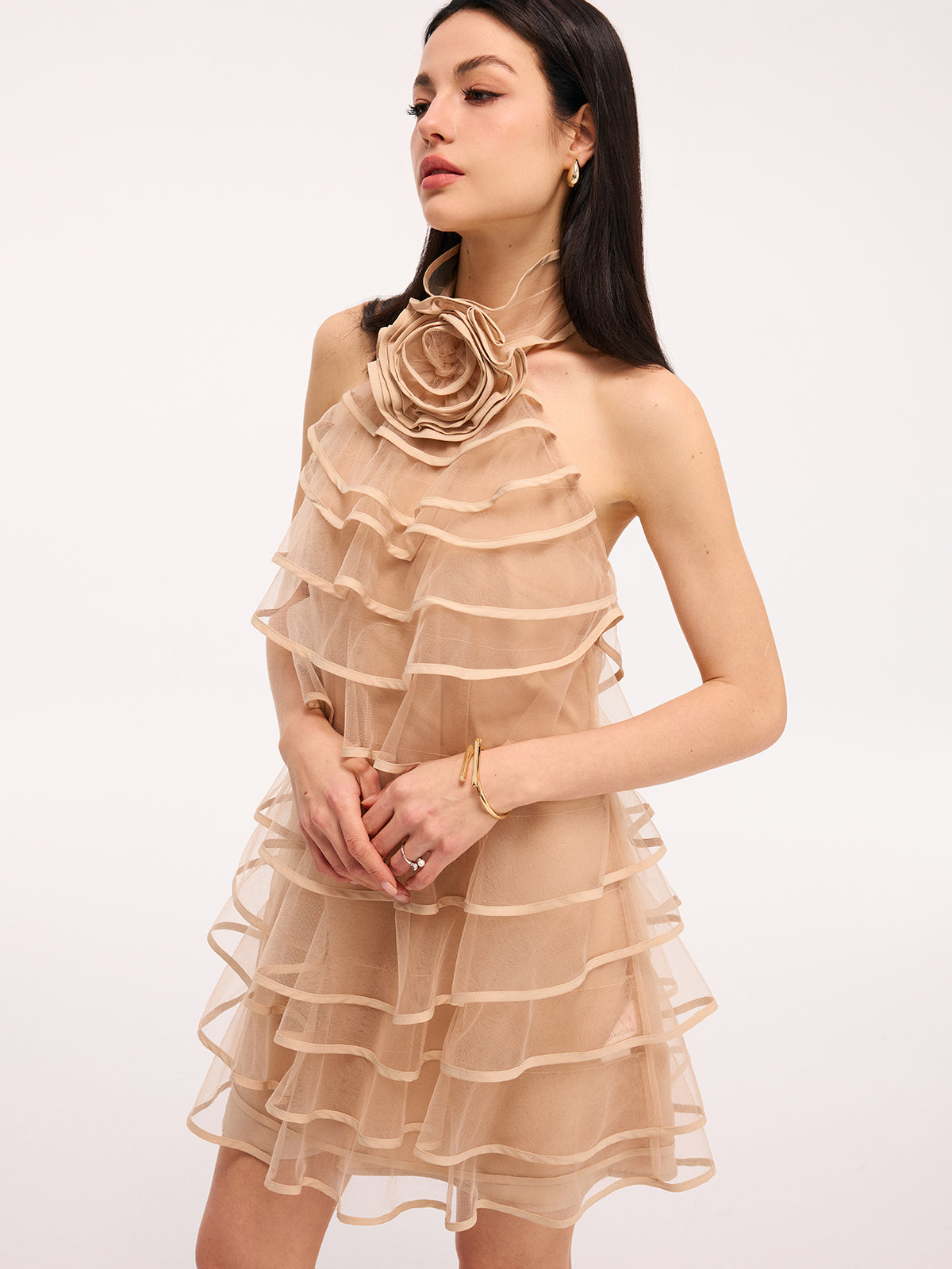 3D Rose Layered Tulle Ruffled Halter Mini Dress