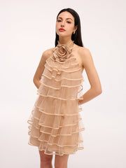 3D Rose Layered Tulle Ruffled Halter Mini Dress