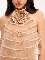 3D Rose Layered Tulle Ruffled Halter Mini Dress