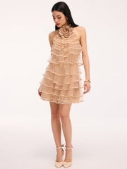 3D Rose Layered Tulle Ruffled Halter Mini Dress