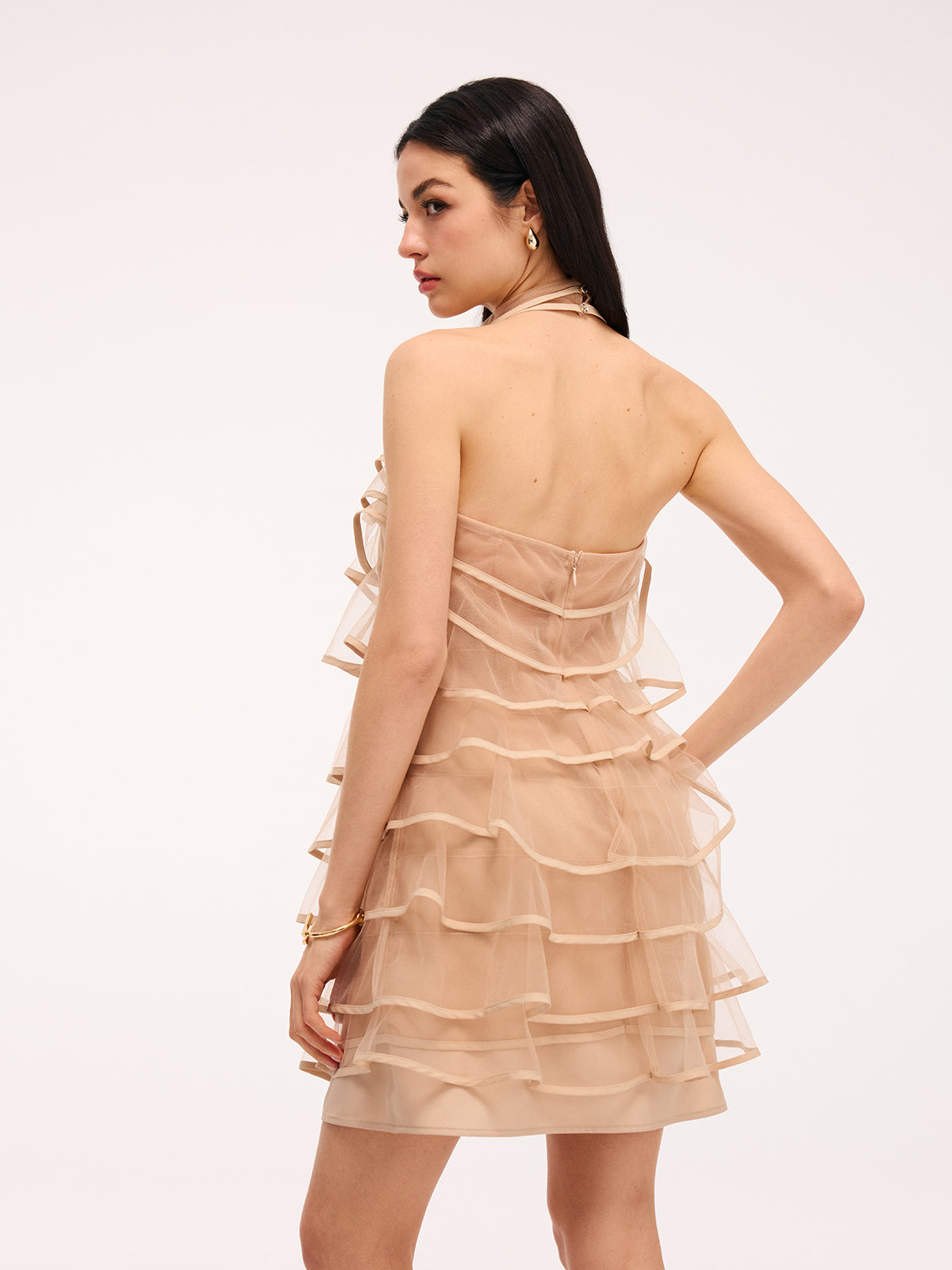3D Rose Layered Tulle Ruffled Halter Mini Dress
