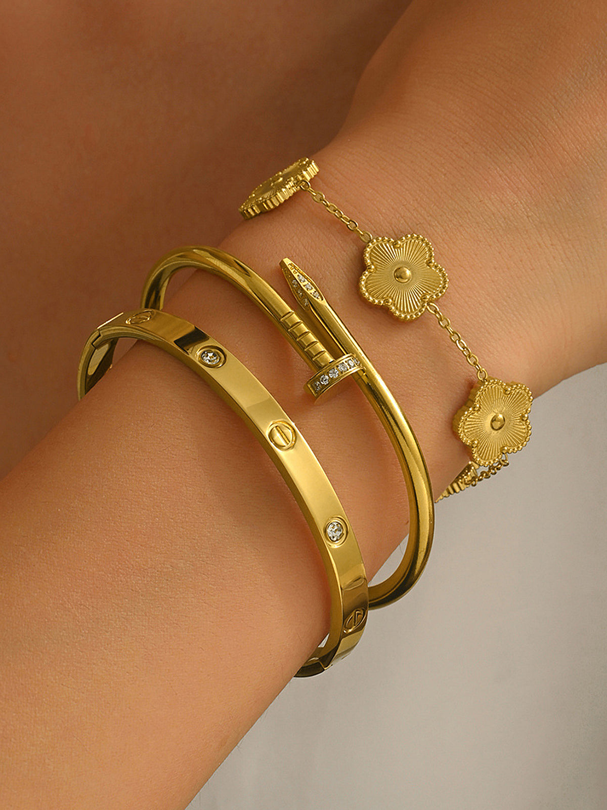 3pcs Screw & Nail & Clover Bracelet Set
