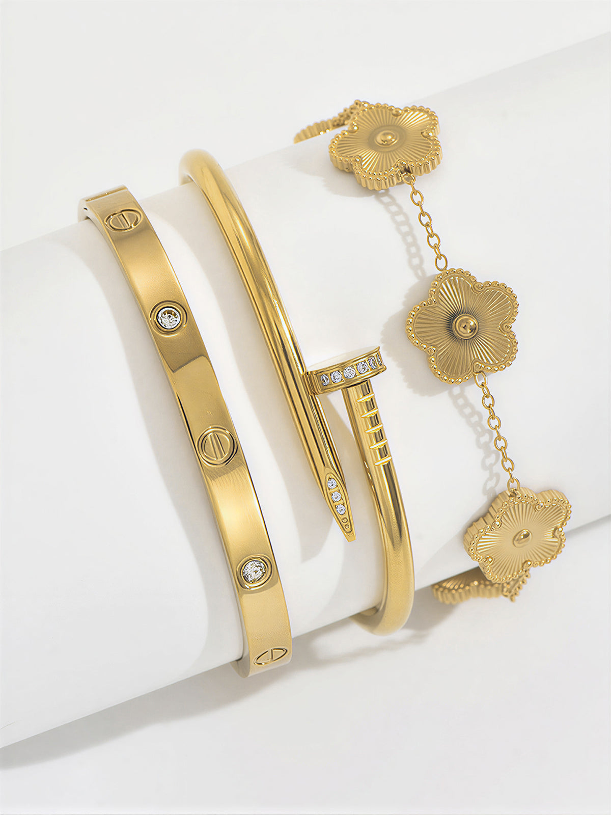 3pcs Screw & Nail & Clover Bracelet Set