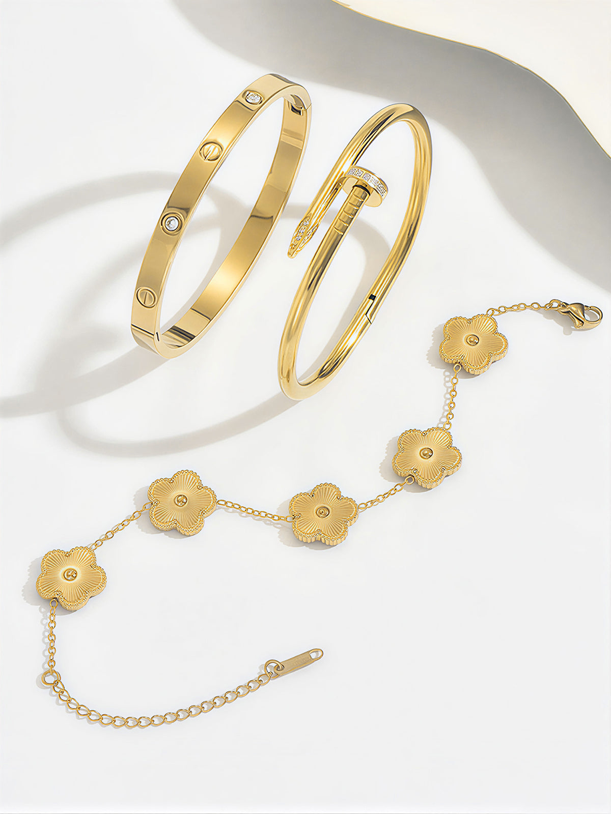 3pcs Screw & Nail & Clover Bracelet Set