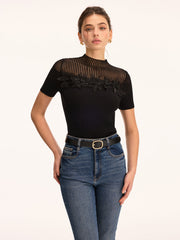 3D Floral Applique Sheer Mock Neck Knit Top