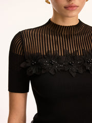 3D Floral Applique Sheer Mock Neck Knit Top
