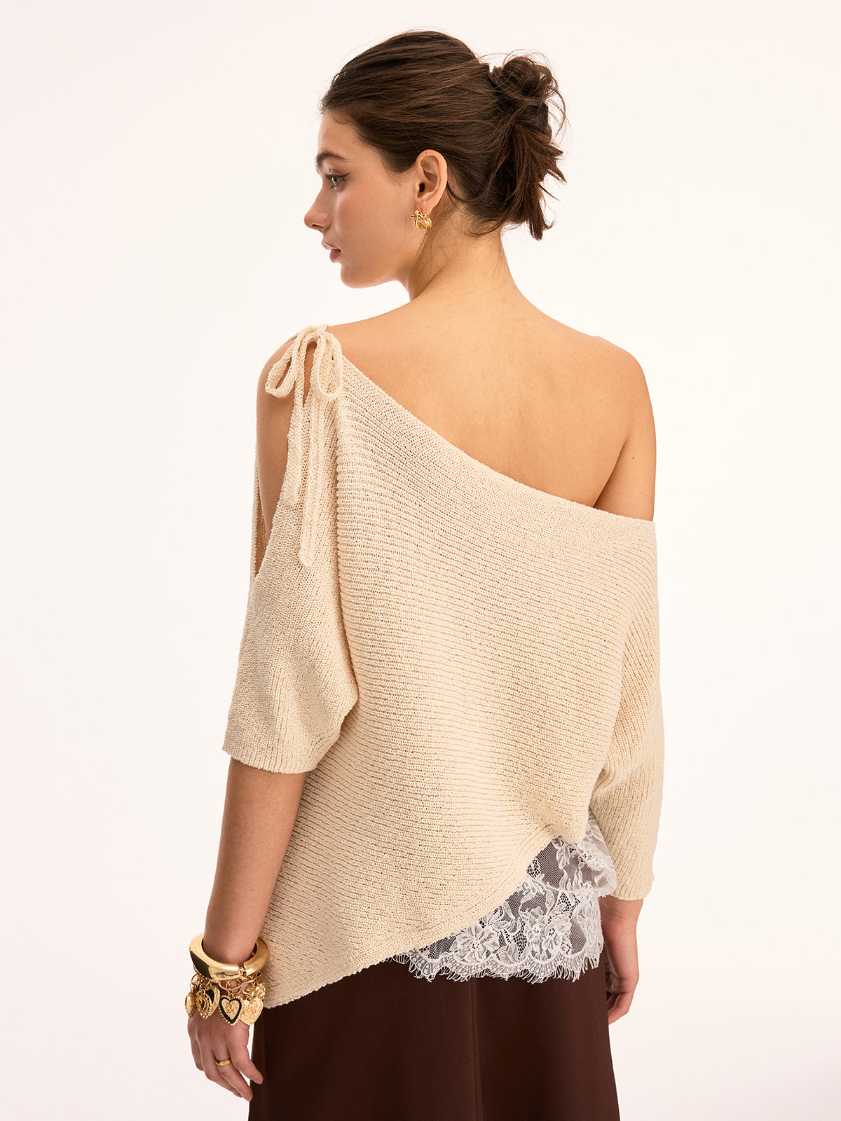 Asymmetrical Lace Trim Boat Neck Knit Top