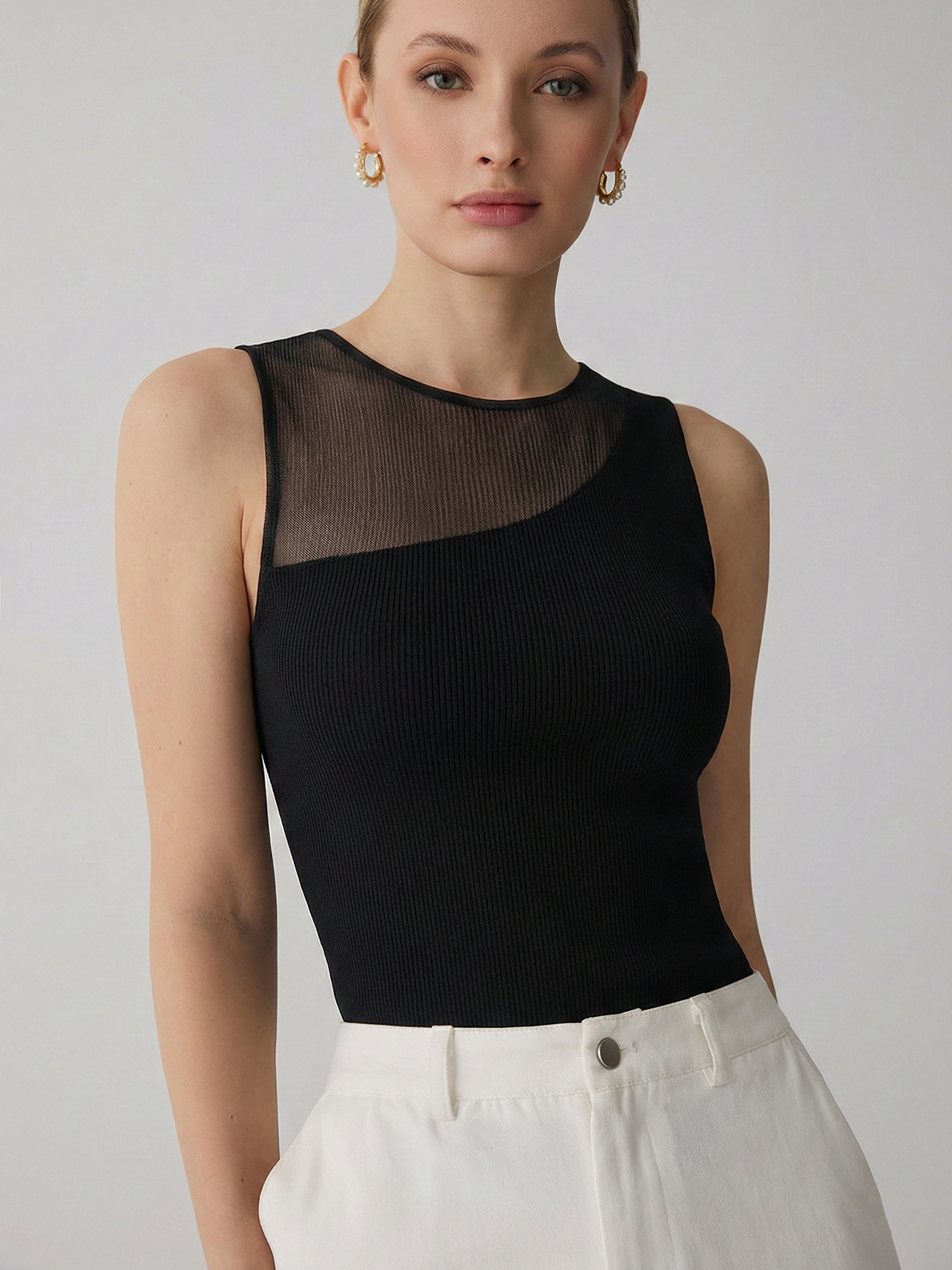 Asymmetric Mesh Ribbed Knit Tank Top