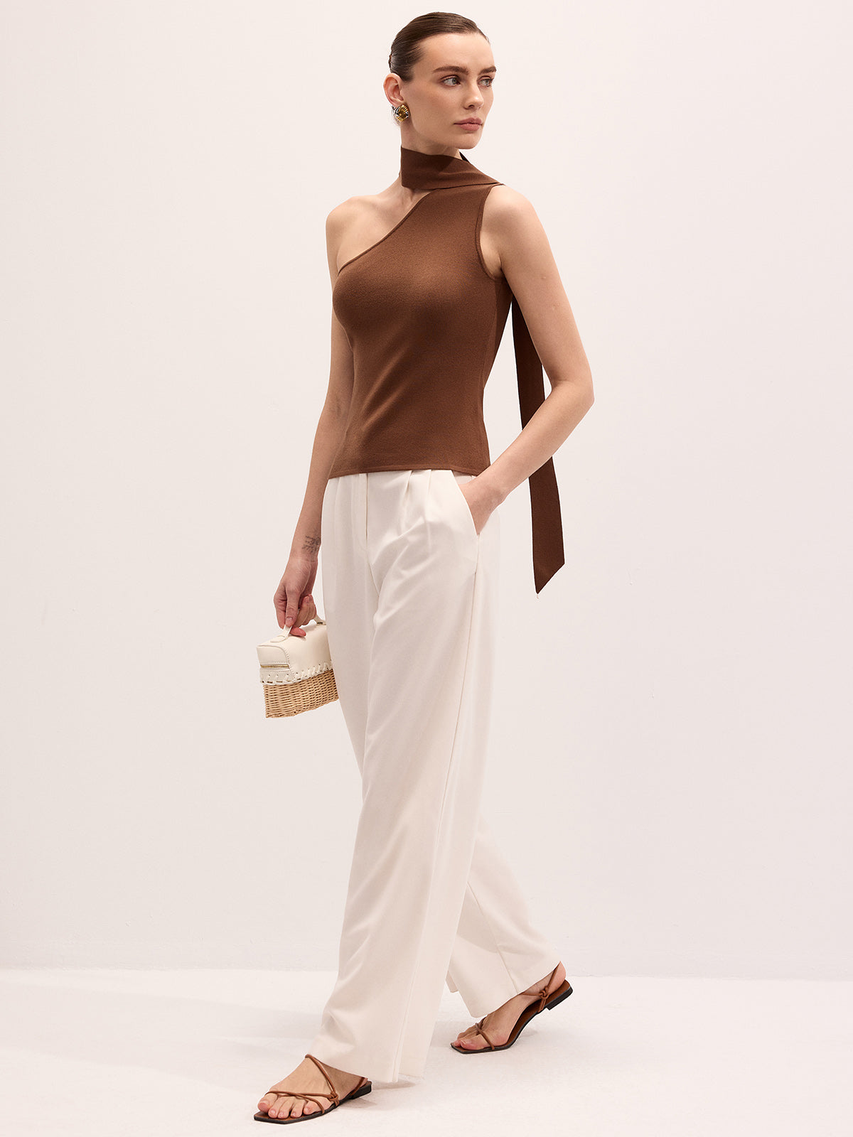 Asymmetric One-Shoulder Tie Neck Knit Top