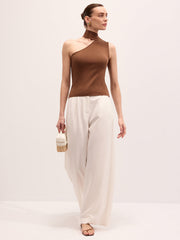 Asymmetric One-Shoulder Tie Neck Knit Top