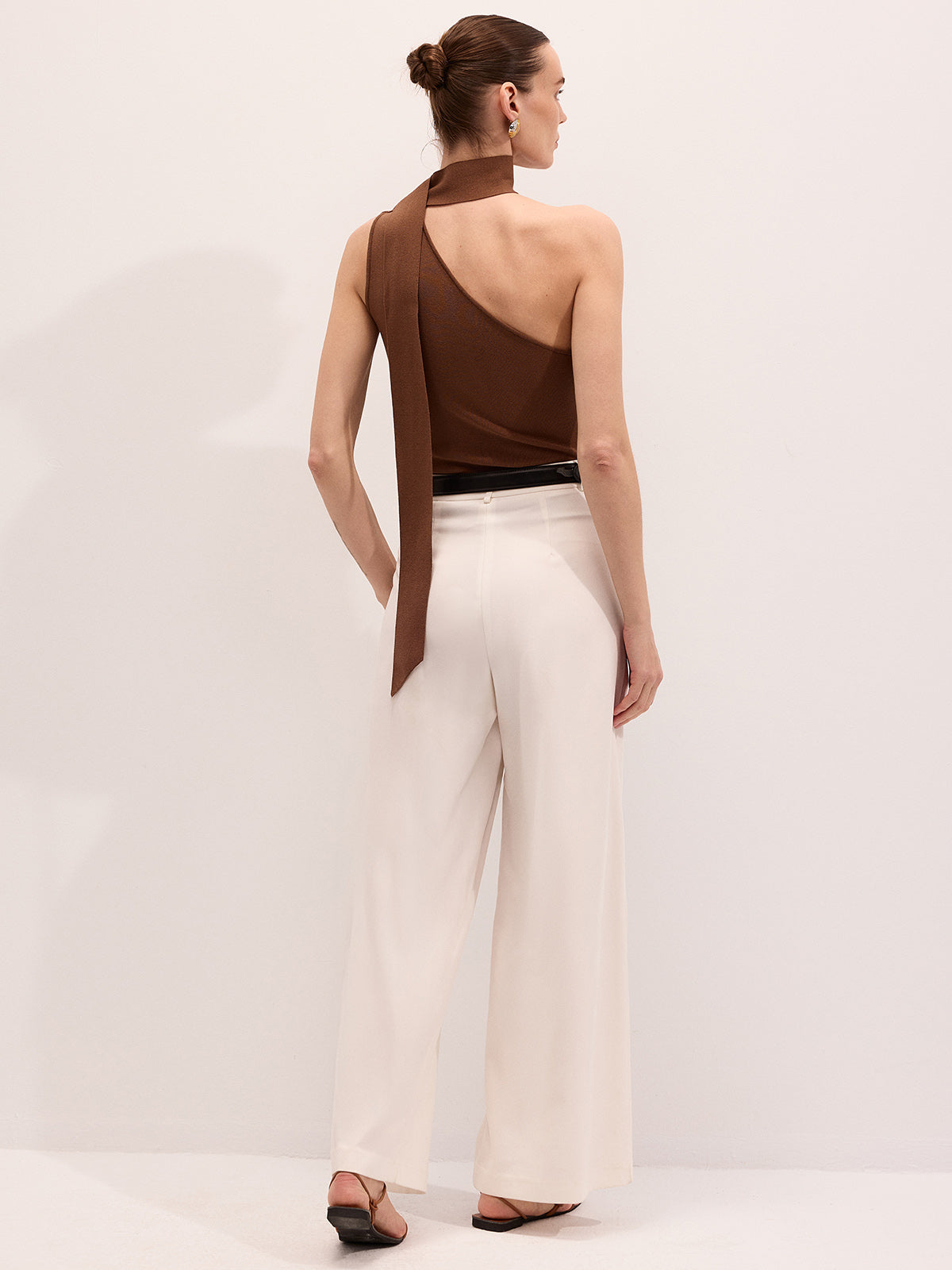 Asymmetric One-Shoulder Tie Neck Knit Top