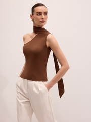 Asymmetric One-Shoulder Tie Neck Knit Top