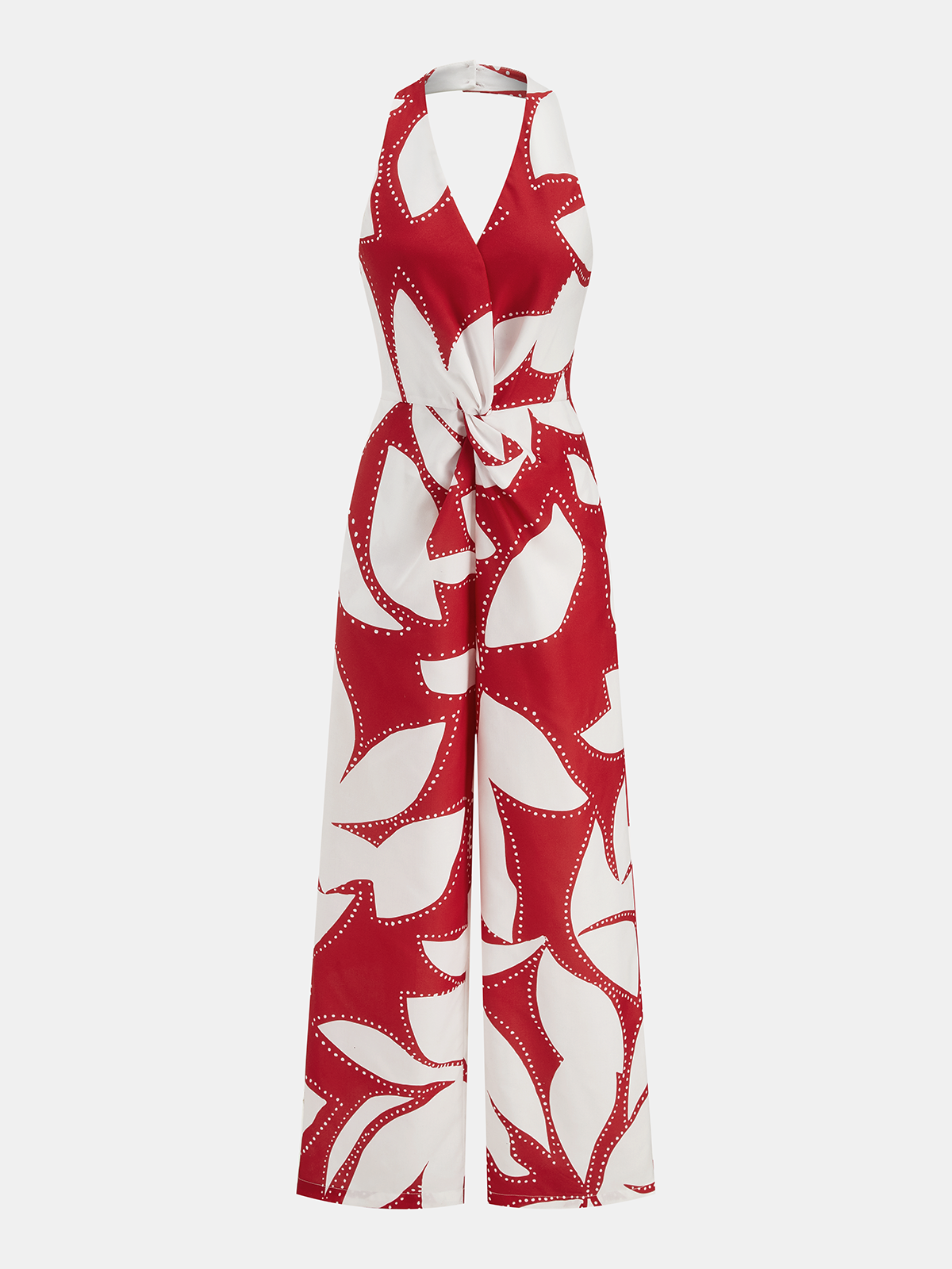 Abstract Leaf Print Halter Twist Jumpsuit