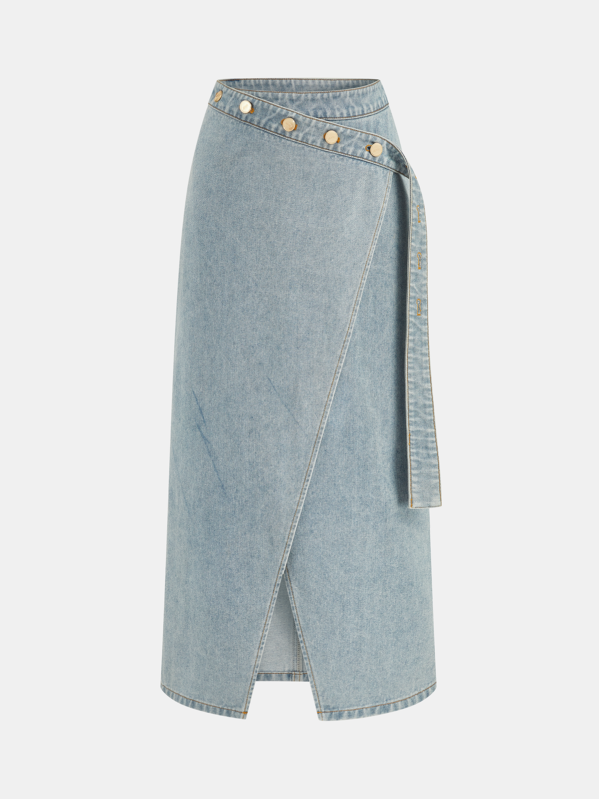 Asymmetric Button Wrap Midi Denim Skirt