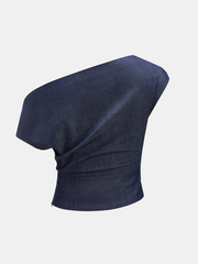 Asymmetric Off-Shoulder Denim Top & Belted Shorts Set
