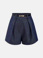 Asymmetric Off-Shoulder Denim Top & Belted Shorts Set