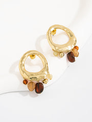 Amber Bead Tassel Hammered Hoop Earrings