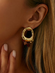 Amber Bead Tassel Hammered Hoop Earrings