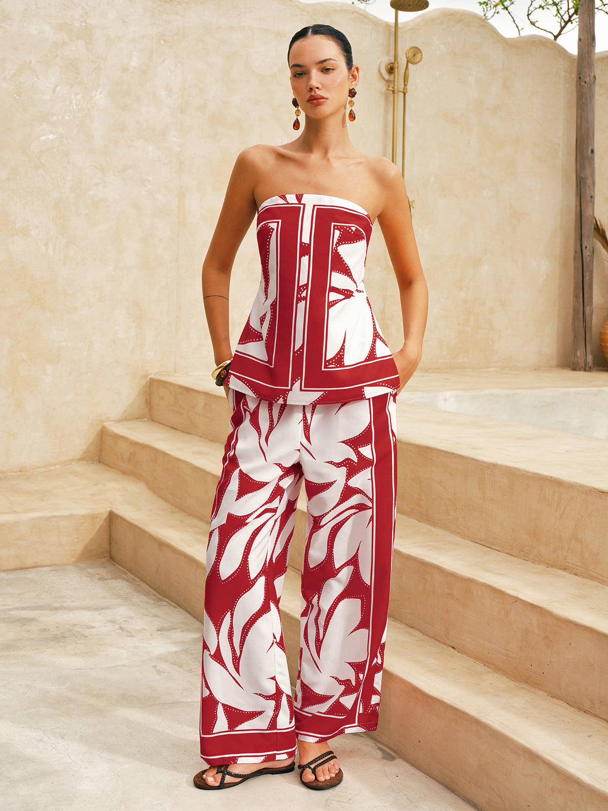 Abstract Print Strapless Top & Pants Set