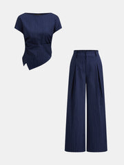 Asymmetric Pinstripe Top & Pleated Pants Set