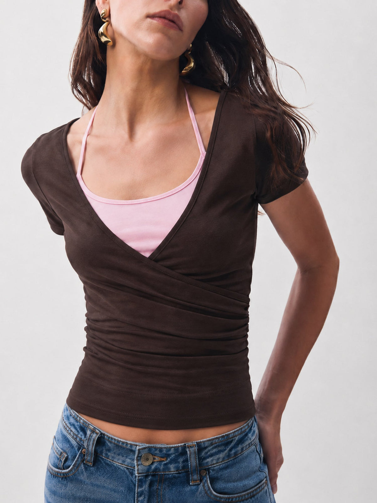 2 in 1 Color Block Halter Ruched Top