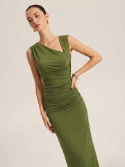 Asymmetric Ruched Bodycon Midi Dress