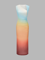 Asymmetric Neckline Sunset Gradient Mesh Midi Dress