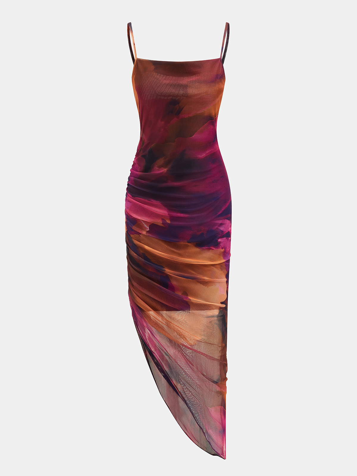 Asymmetric Hem Tie Dye Mesh Maxi Dress