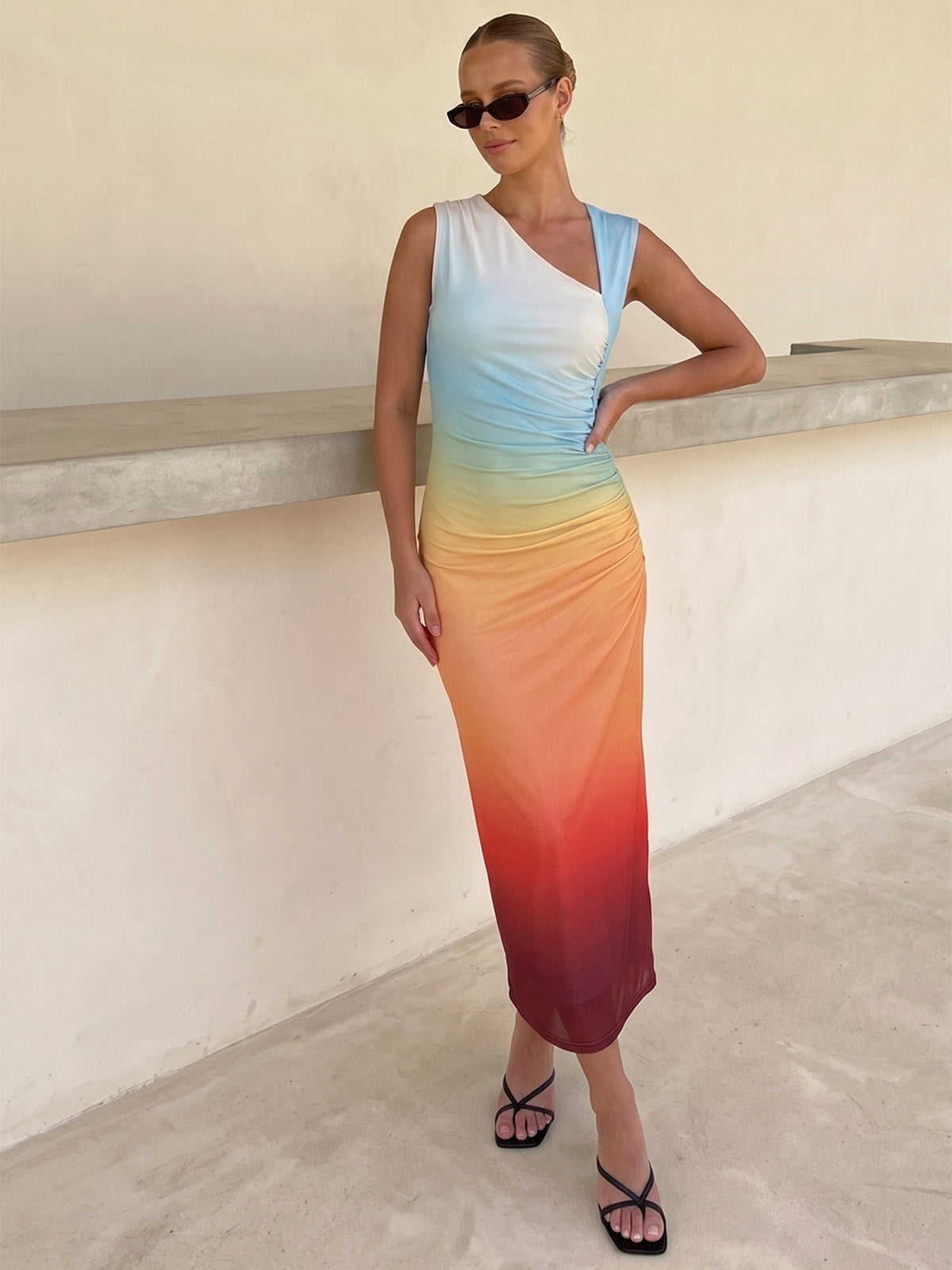 Asymmetric Neckline Sunset Gradient Mesh Midi Dress