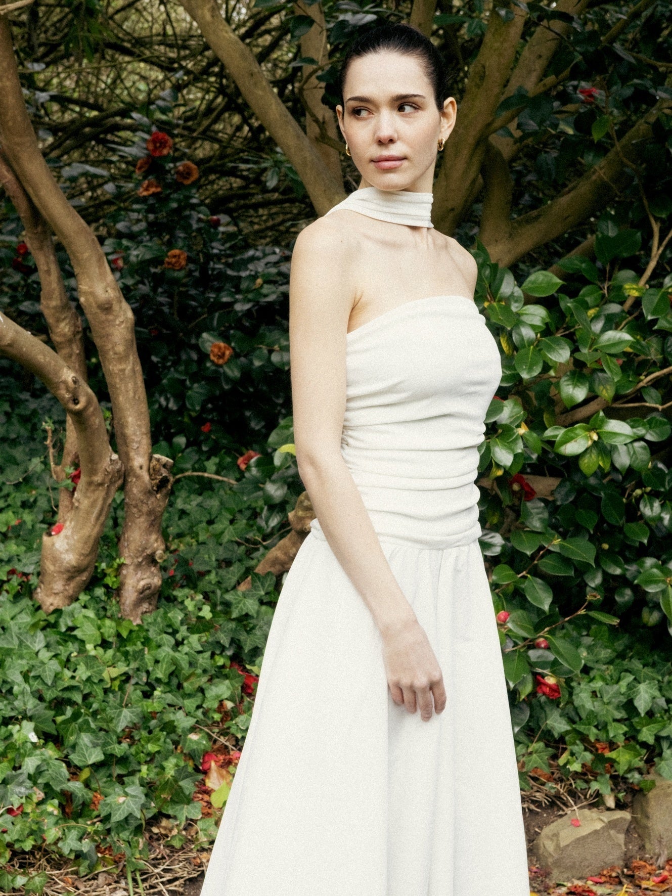 Asymmetrical Hem Ruched Halter Midi Dress