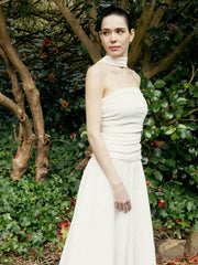 Asymmetrical Hem Ruched Halter Midi Dress