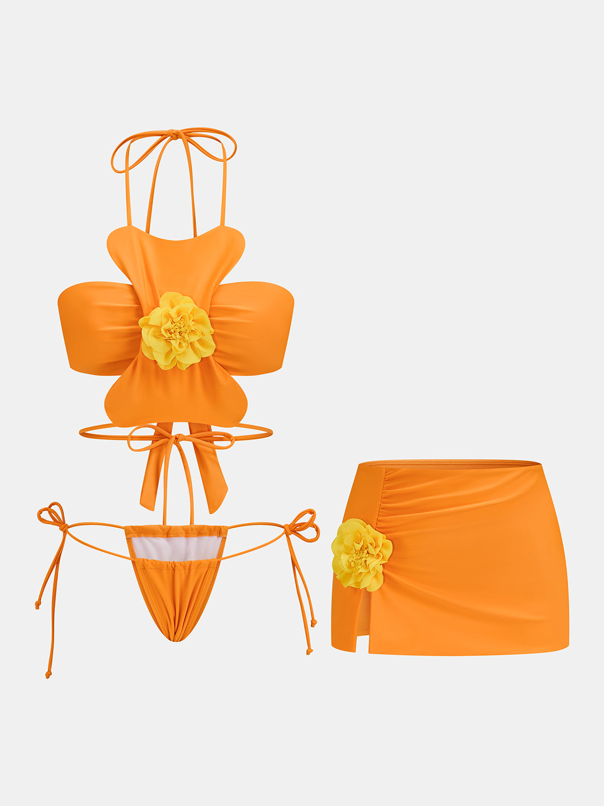 3D Flower Bikini & Mini Skirt 3Pcs Swim Set
