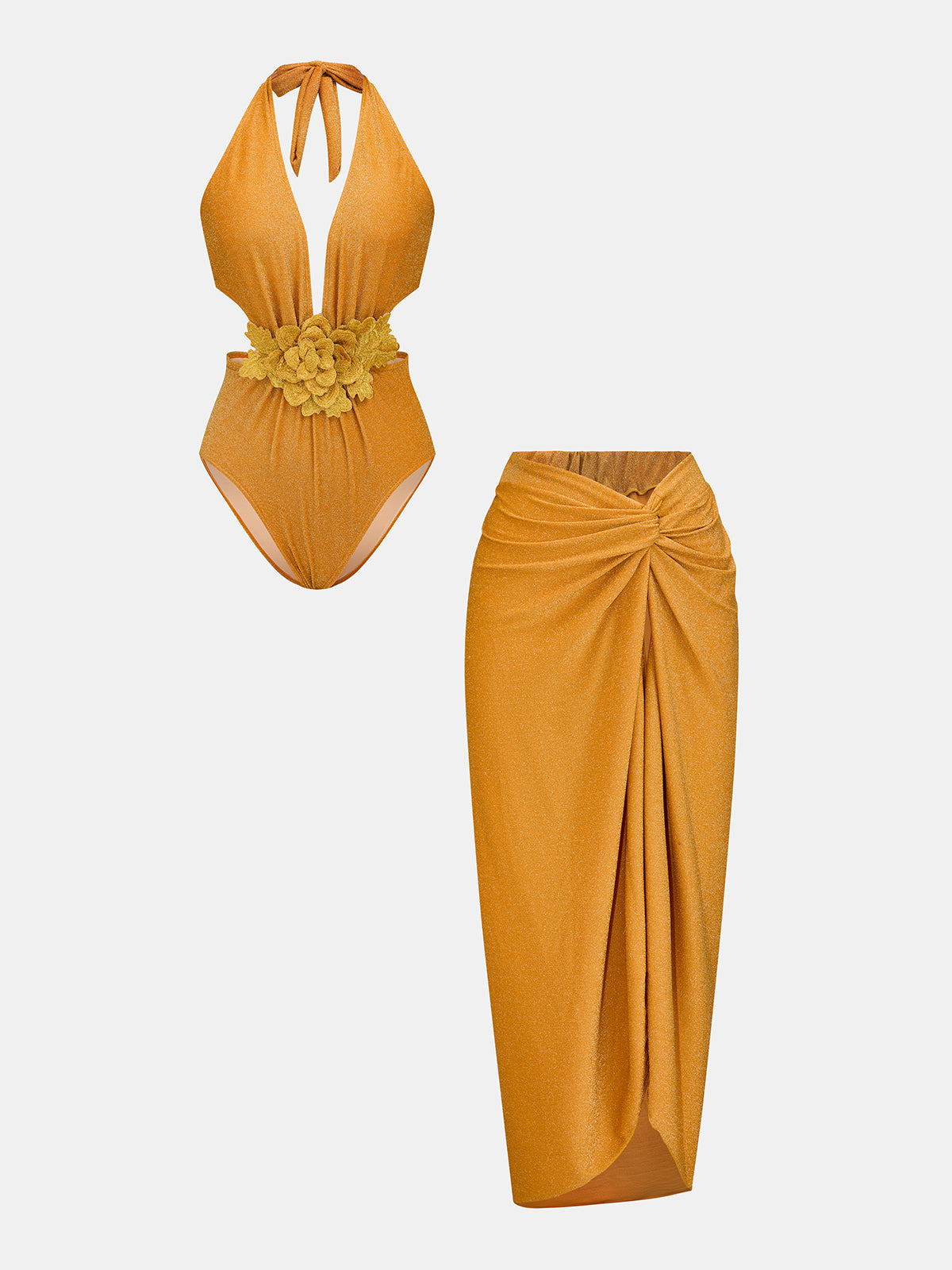 3D Flower One Piece Swimsuit & Sarong Set