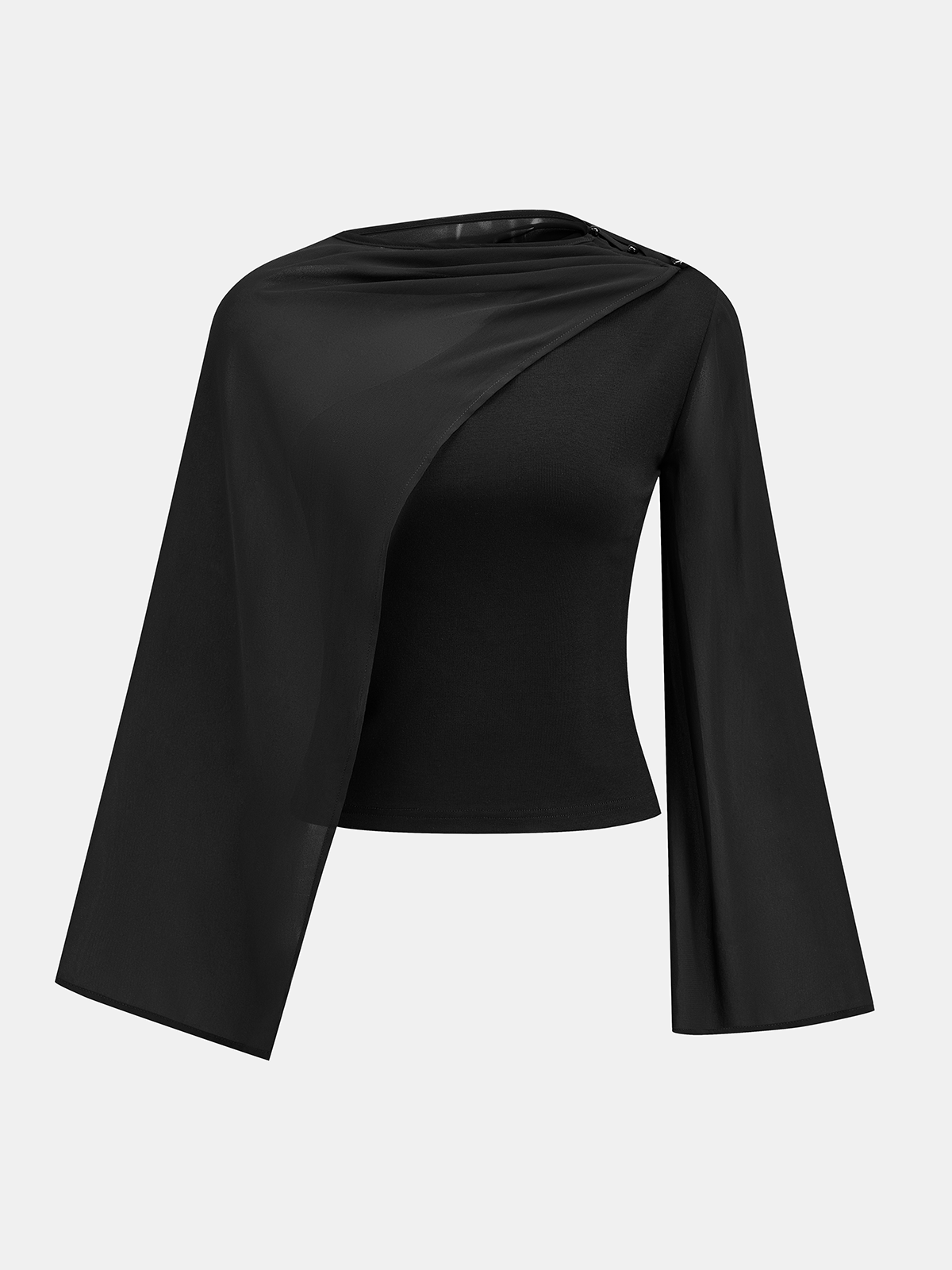 Asymmetric Mesh Overlay Flare Sleeve Blouse