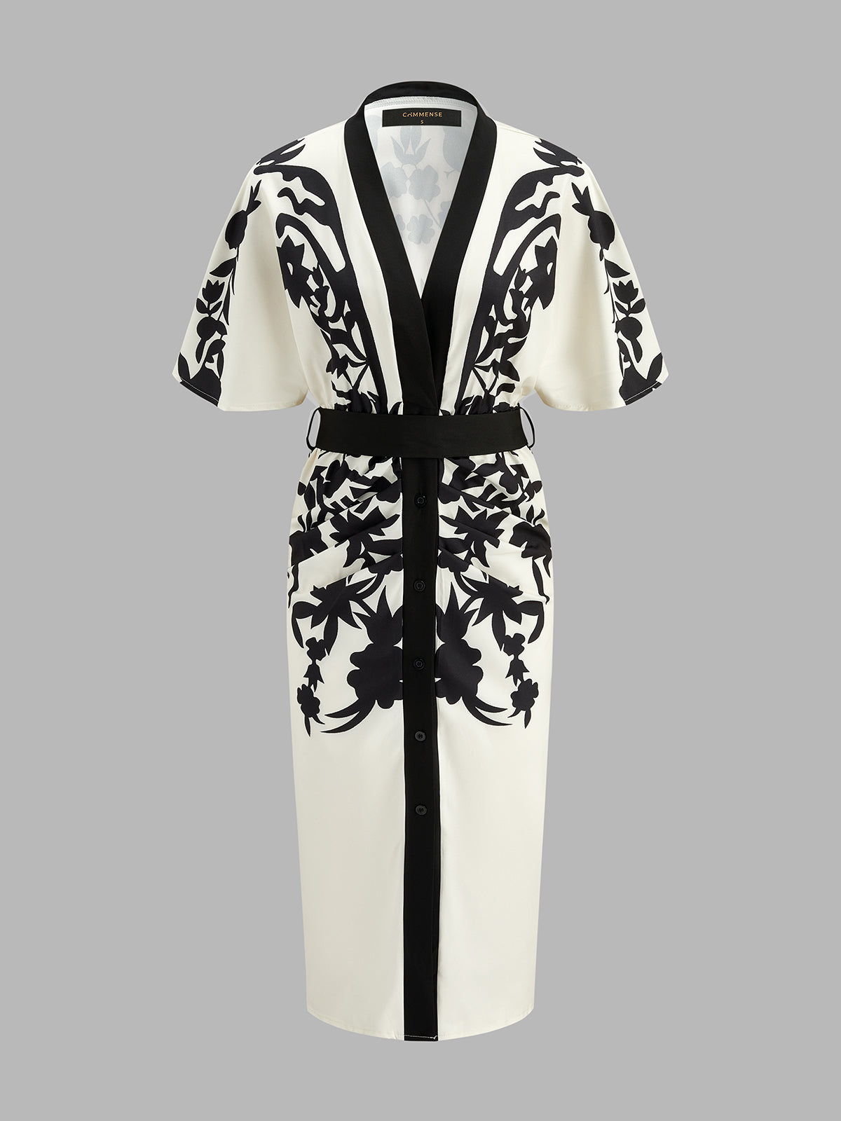 Abstract Print V-Neck Belted Midi Dress