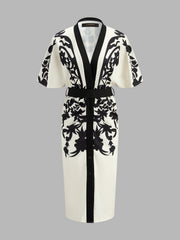 Abstract Print V-Neck Belted Midi Dress