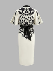 Abstract Print V-Neck Belted Midi Dress