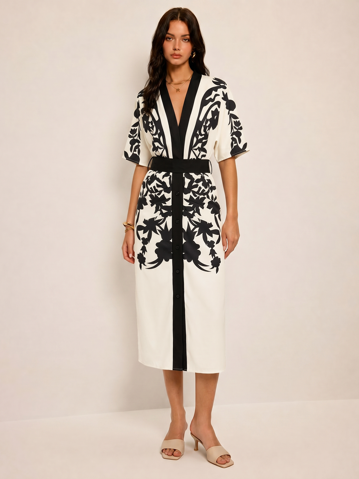 Abstract Print V-Neck Belted Midi Dress