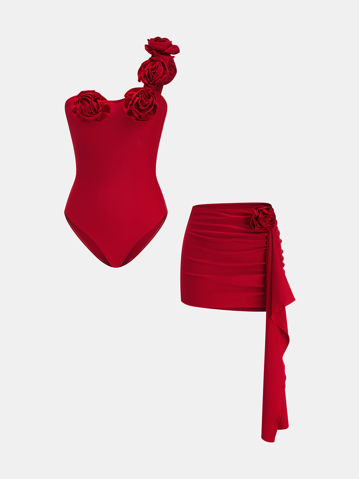 3D Rose One Piece Swimsuit & Draped Skirt Set