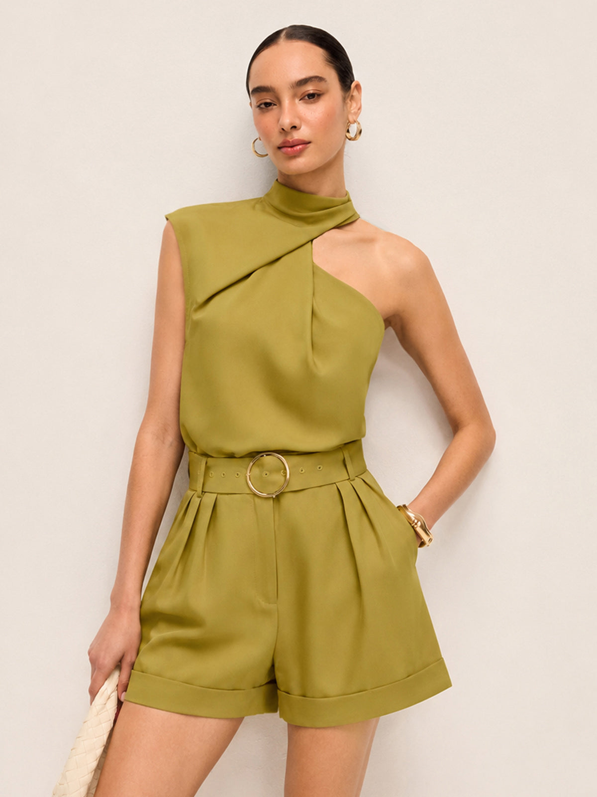Asymmetric Neck Top & Belted Shorts Set